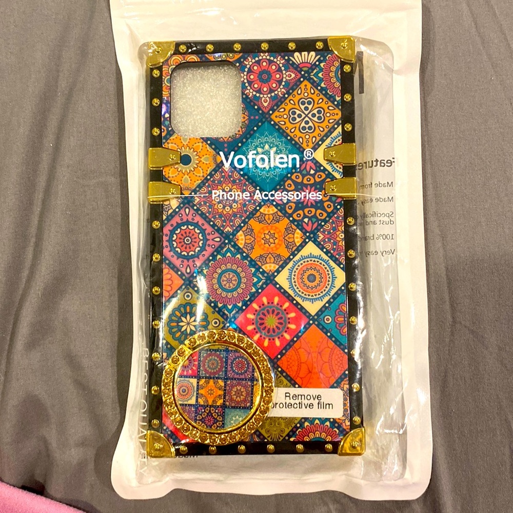 Phone Case for iPhone 12 Cute Square Cover with Ring Stand Retro Flower Pattern